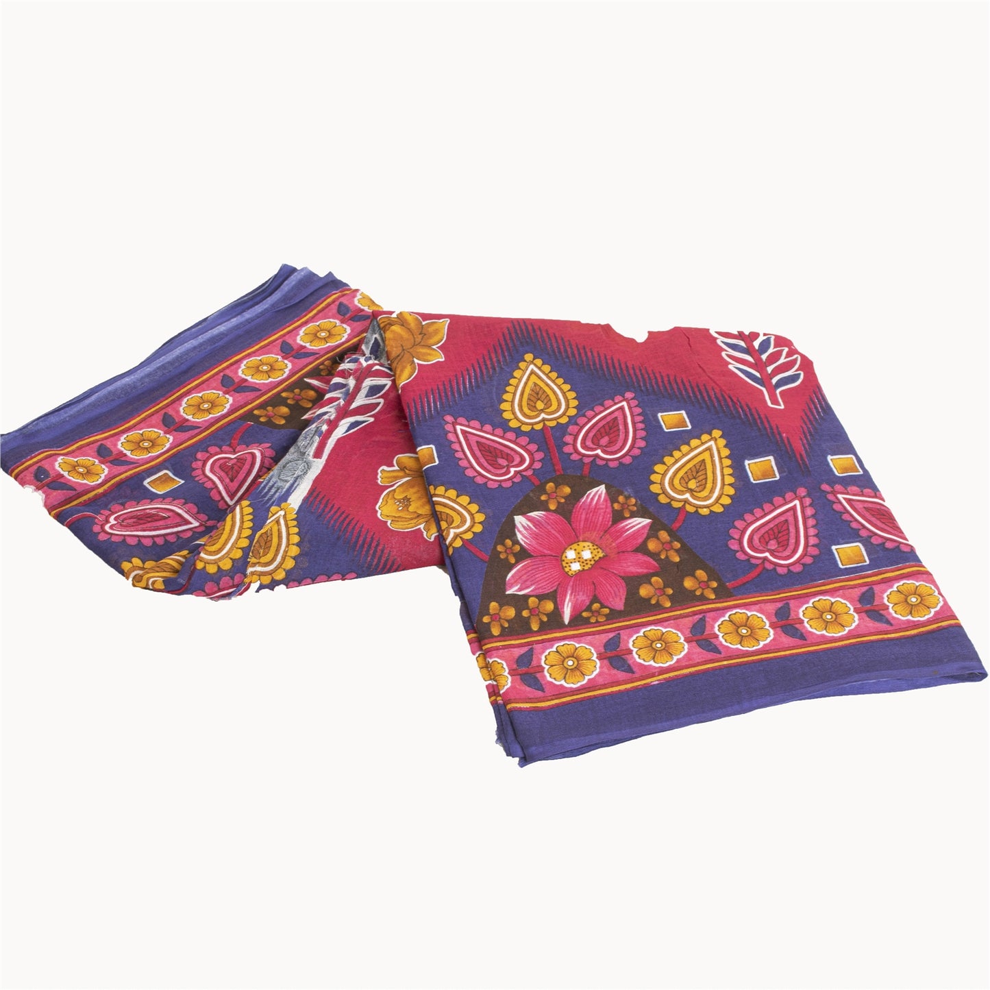 Sanskriti Vintage Sarees Blue & Pink Pure Cotton Printed Sari 5+yd Craft Fabric