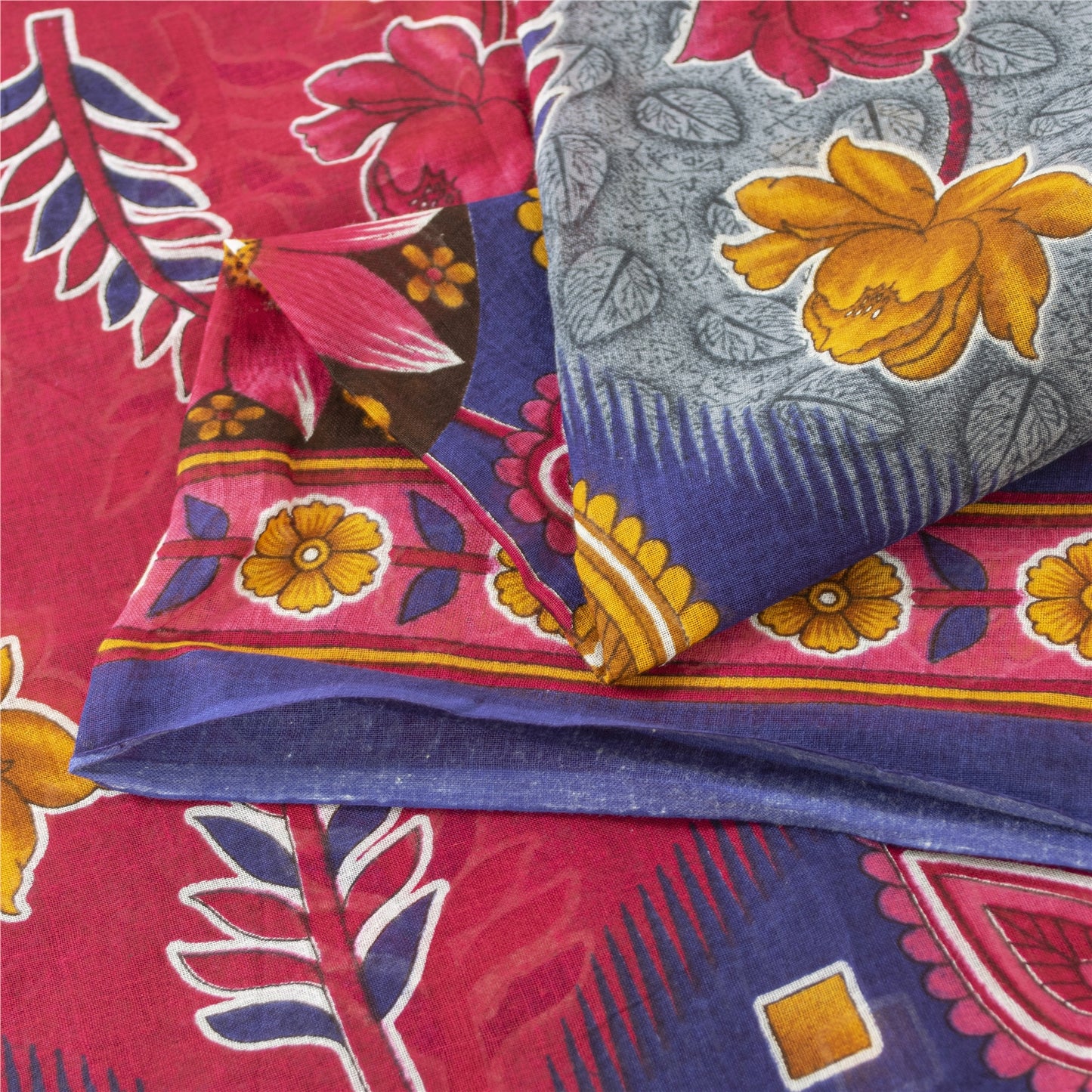 Sanskriti Vintage Sarees Blue & Pink Pure Cotton Printed Sari 5+yd Craft Fabric