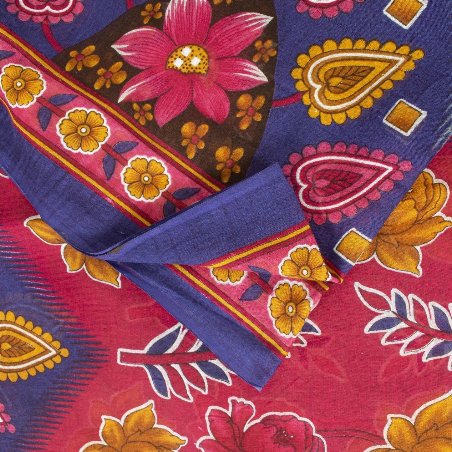 Sanskriti Vintage Sarees Blue & Pink Pure Cotton Printed Sari 5+yd Craft Fabric