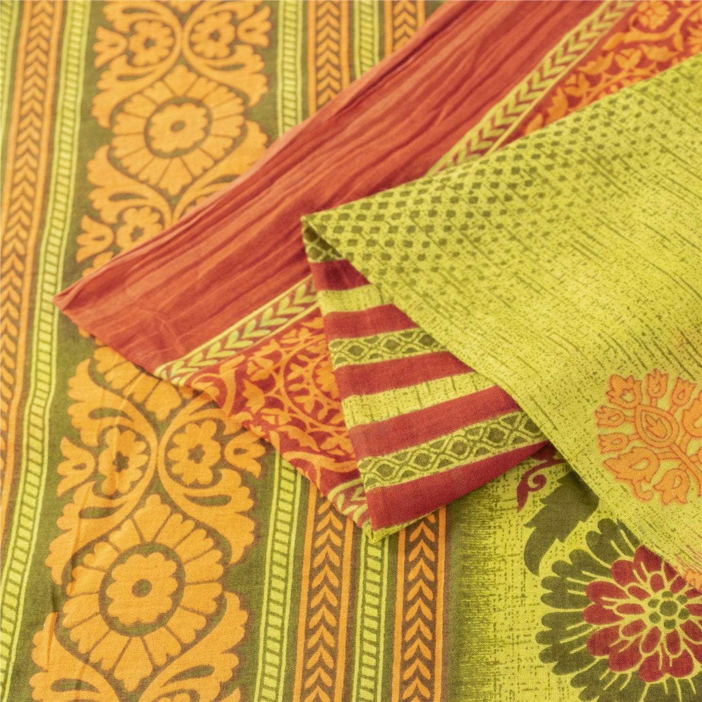 Sanskriti Vintage Sarees Green & Red Pure Cotton Printed Sari 5+yd Craft Fabric