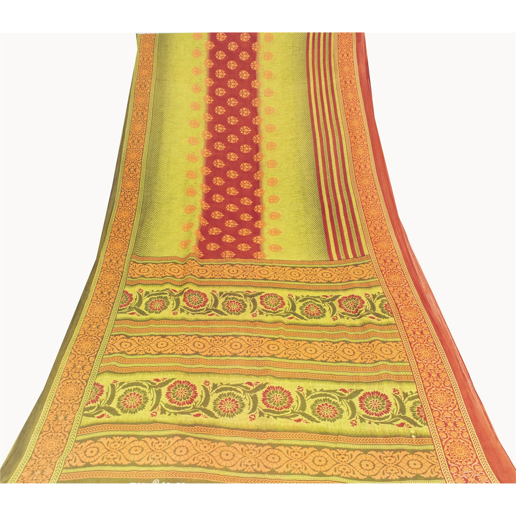 Sanskriti Vintage Sarees Green & Red Pure Cotton Printed Sari 5+yd Craft Fabric