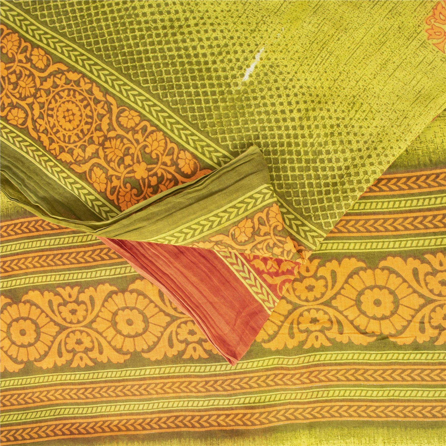 Sanskriti Vintage Sarees Green & Red Pure Cotton Printed Sari 5+yd Craft Fabric