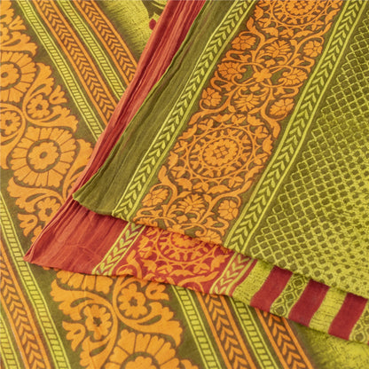 Sanskriti Vintage Sarees Green & Red Pure Cotton Printed Sari 5+yd Craft Fabric