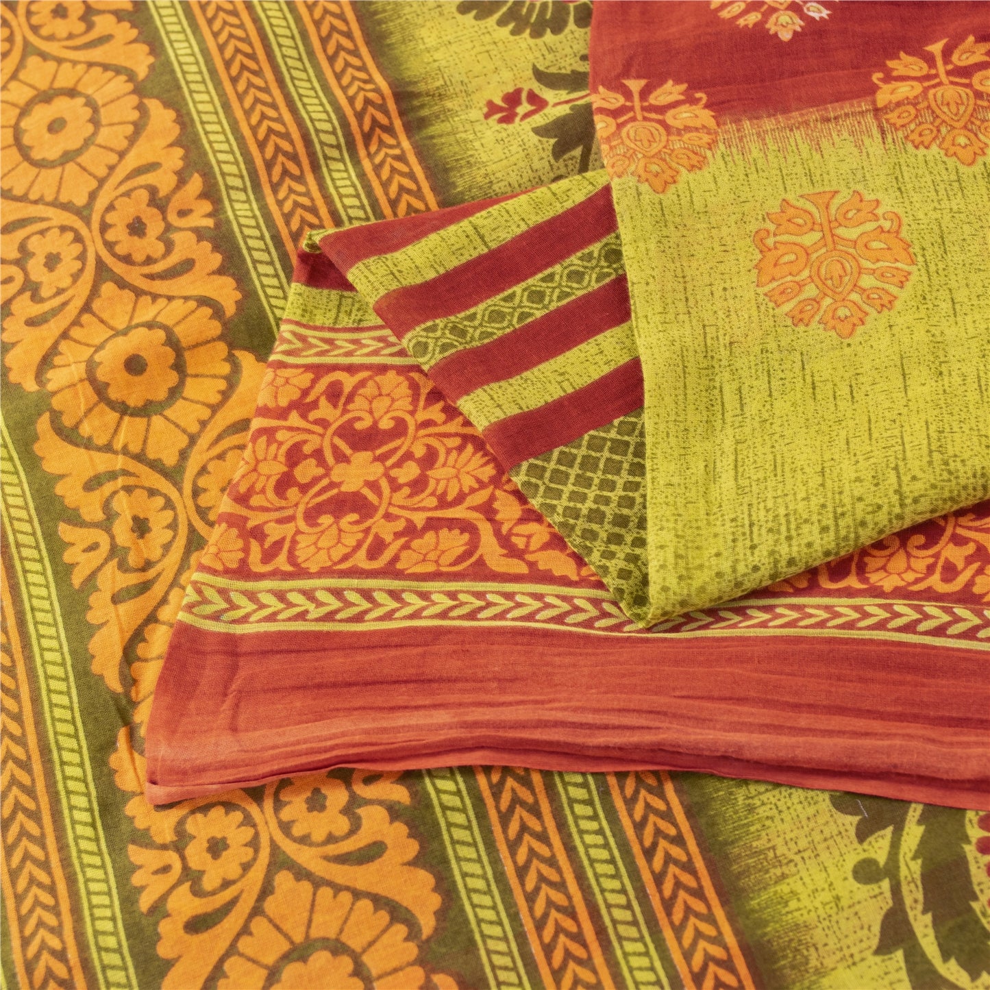 Sanskriti Vintage Sarees Green & Red Pure Cotton Printed Sari 5+yd Craft Fabric