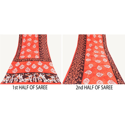 Sanskriti Vintage Sarees Indian Red Pure Cotton Printed Sari 5+yd Craft Fabric