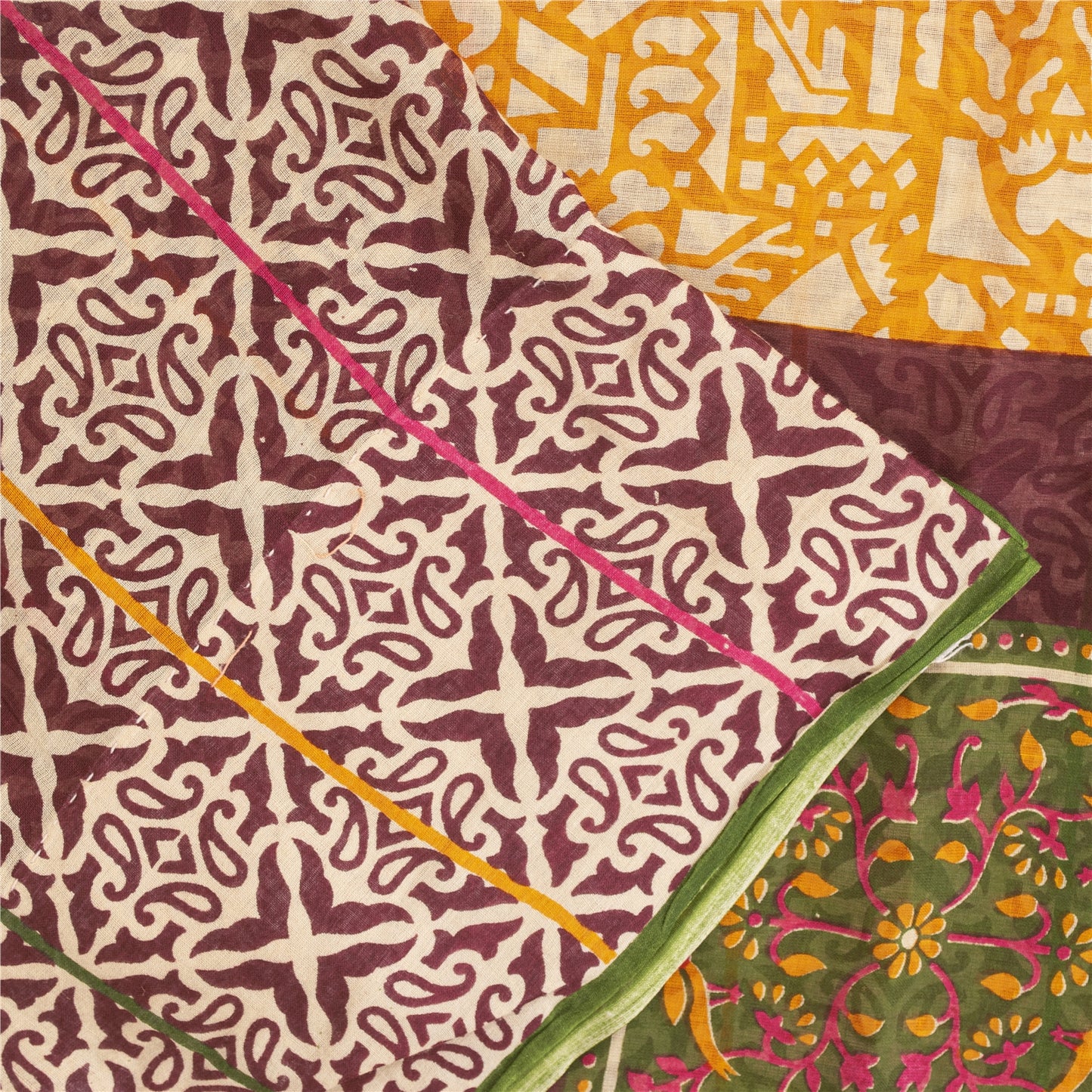 Sanskriti Vintage Sarees Ivory & Red Pure Cotton Printed Sari 5+yd Craft Fabric