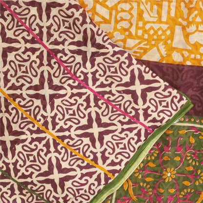 Sanskriti Vintage Sarees Ivory & Red Pure Cotton Printed Sari 5+yd Craft Fabric