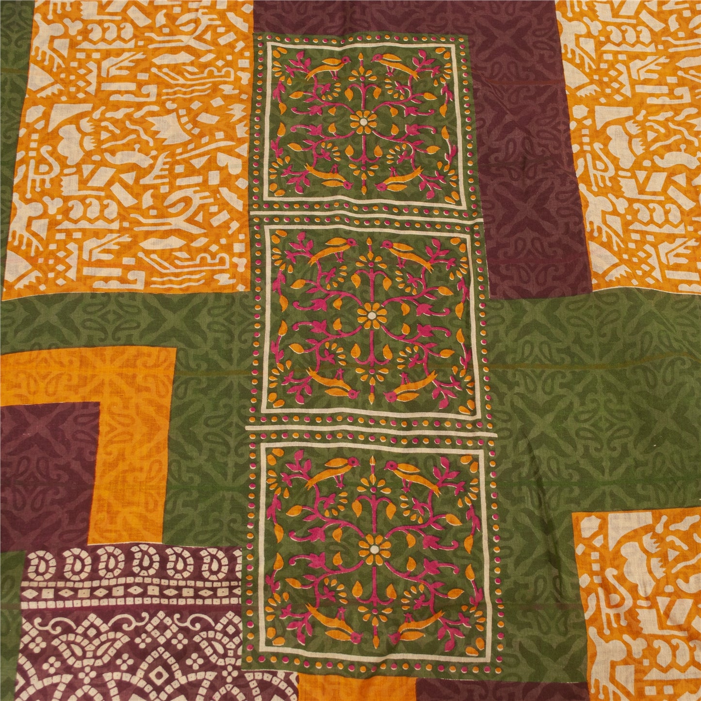 Sanskriti Vintage Sarees Ivory & Red Pure Cotton Printed Sari 5+yd Craft Fabric