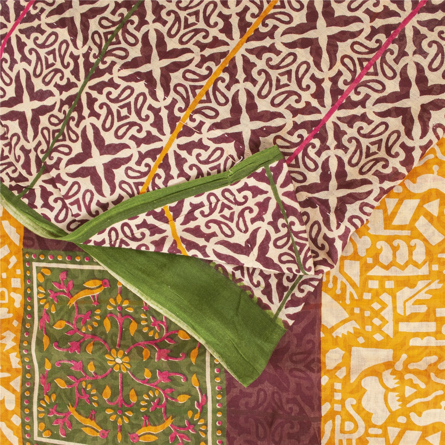 Sanskriti Vintage Sarees Ivory & Red Pure Cotton Printed Sari 5+yd Craft Fabric