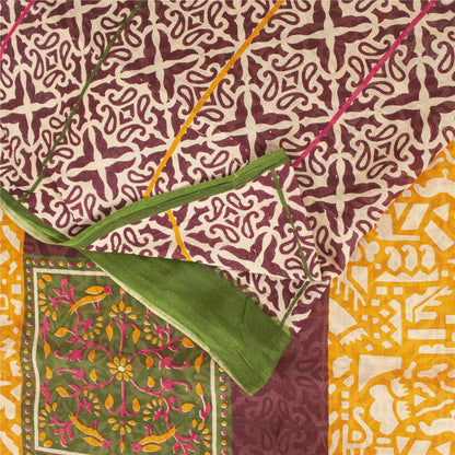 Sanskriti Vintage Sarees Ivory & Red Pure Cotton Printed Sari 5+yd Craft Fabric