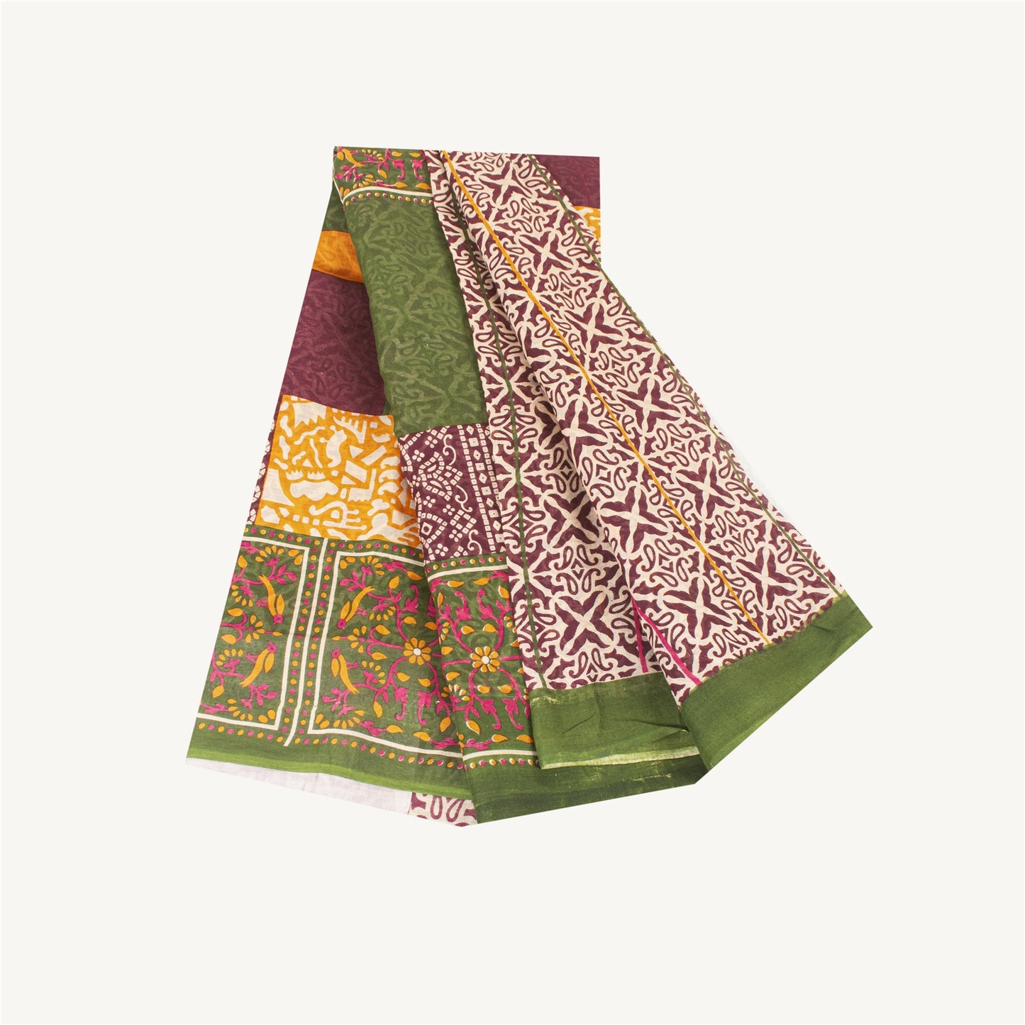 Sanskriti Vintage Sarees Ivory & Red Pure Cotton Printed Sari 5+yd Craft Fabric