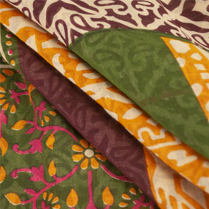 Sanskriti Vintage Sarees Ivory & Red Pure Cotton Printed Sari 5+yd Craft Fabric