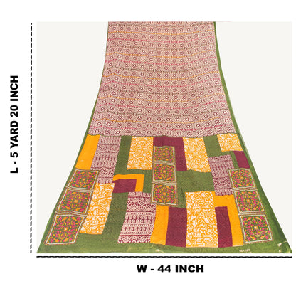 Sanskriti Vintage Sarees Ivory & Red Pure Cotton Printed Sari 5+yd Craft Fabric