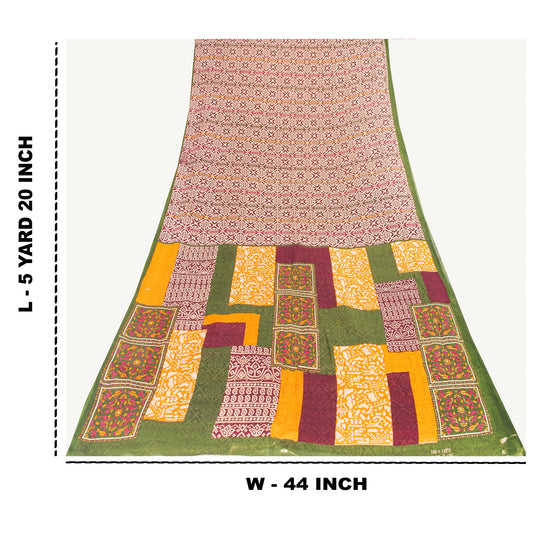 Sanskriti Vintage Sarees Ivory & Red Pure Cotton Printed Sari 5+yd Craft Fabric