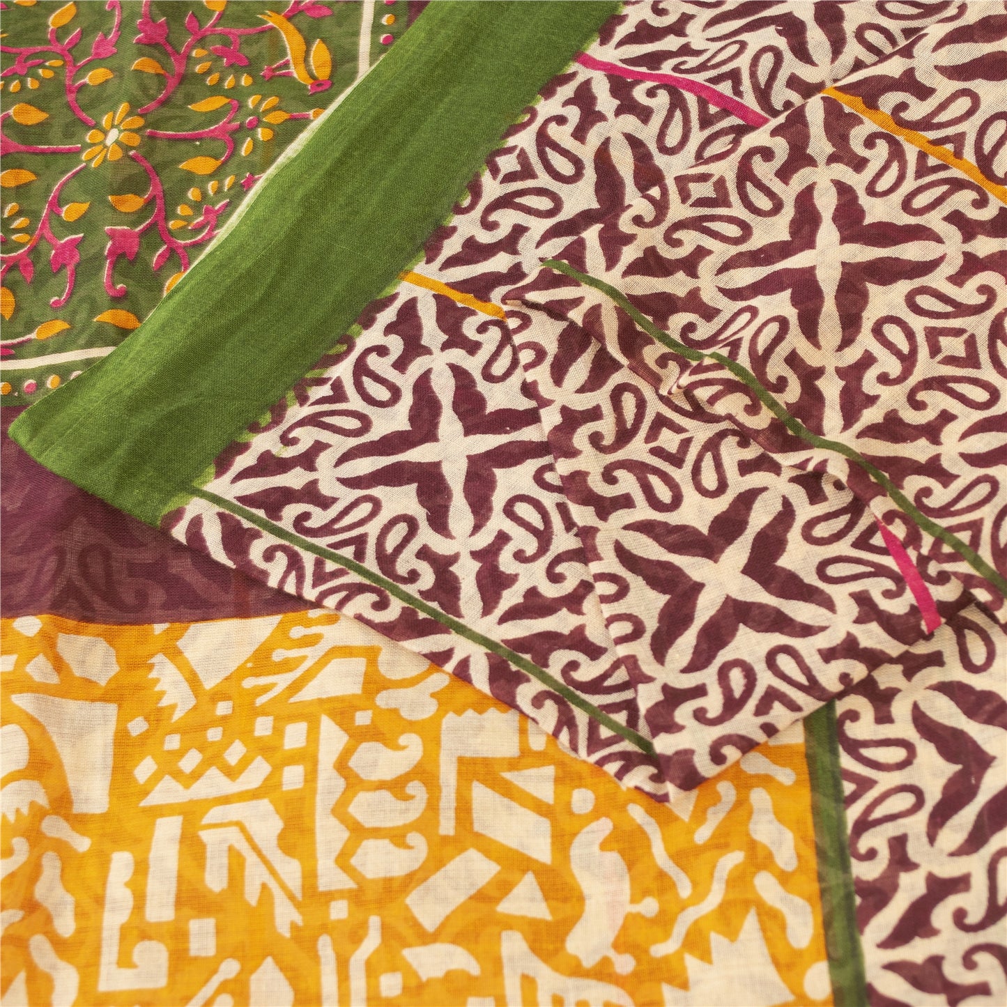 Sanskriti Vintage Sarees Ivory & Red Pure Cotton Printed Sari 5+yd Craft Fabric