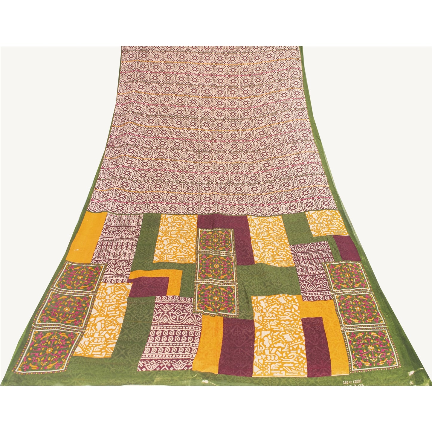 Sanskriti Vintage Sarees Ivory & Red Pure Cotton Printed Sari 5+yd Craft Fabric