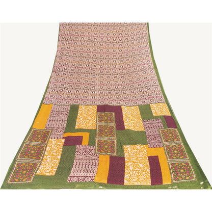 Sanskriti Vintage Sarees Ivory & Red Pure Cotton Printed Sari 5+yd Craft Fabric