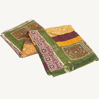 Sanskriti Vintage Sarees Ivory & Red Pure Cotton Printed Sari 5+yd Craft Fabric