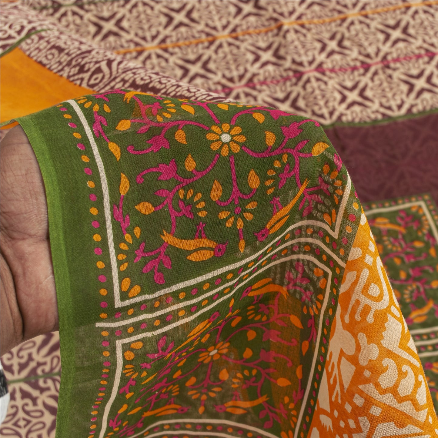 Sanskriti Vintage Sarees Ivory & Red Pure Cotton Printed Sari 5+yd Craft Fabric