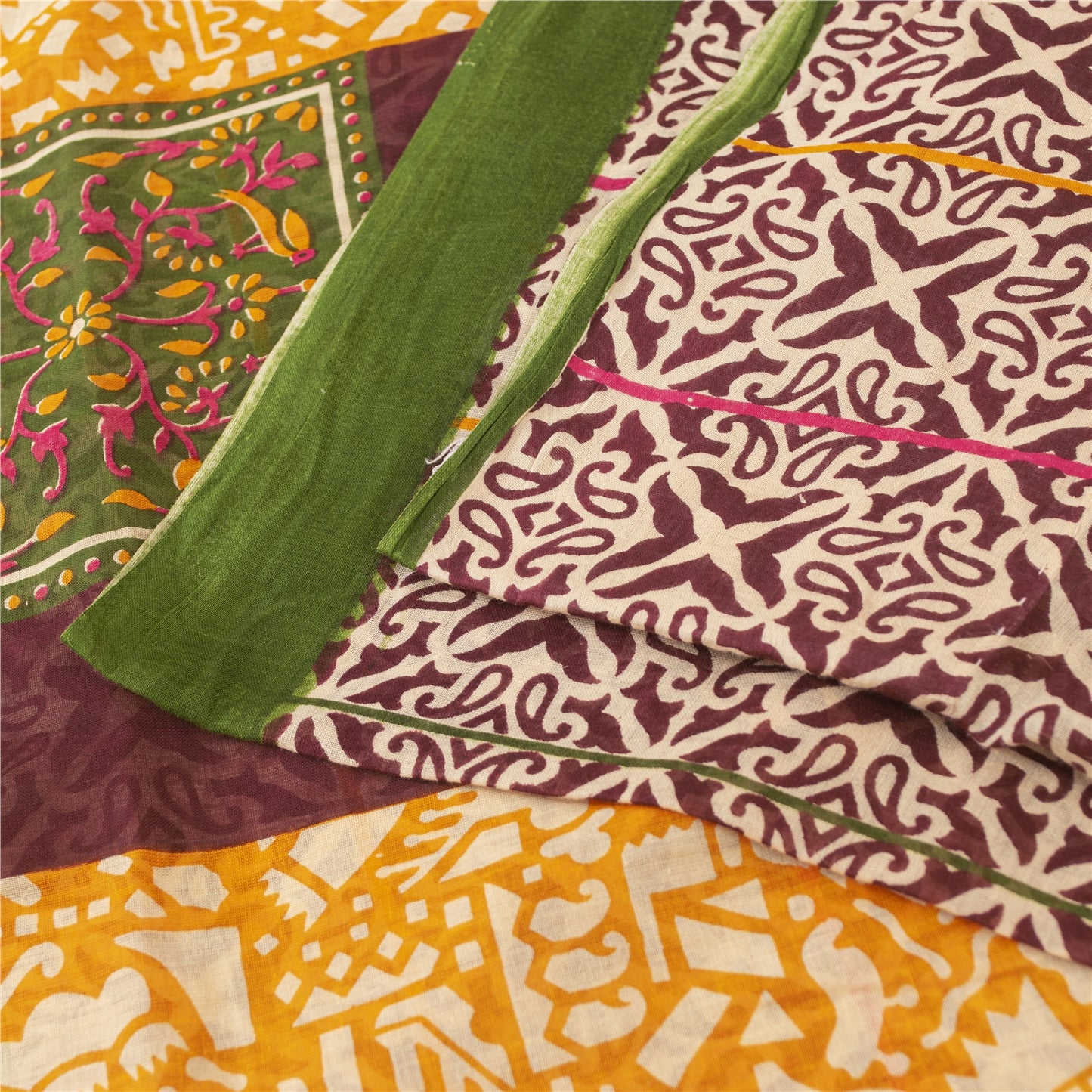 Sanskriti Vintage Sarees Ivory & Red Pure Cotton Printed Sari 5+yd Craft Fabric