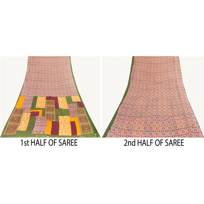 Sanskriti Vintage Sarees Ivory & Red Pure Cotton Printed Sari 5+yd Craft Fabric