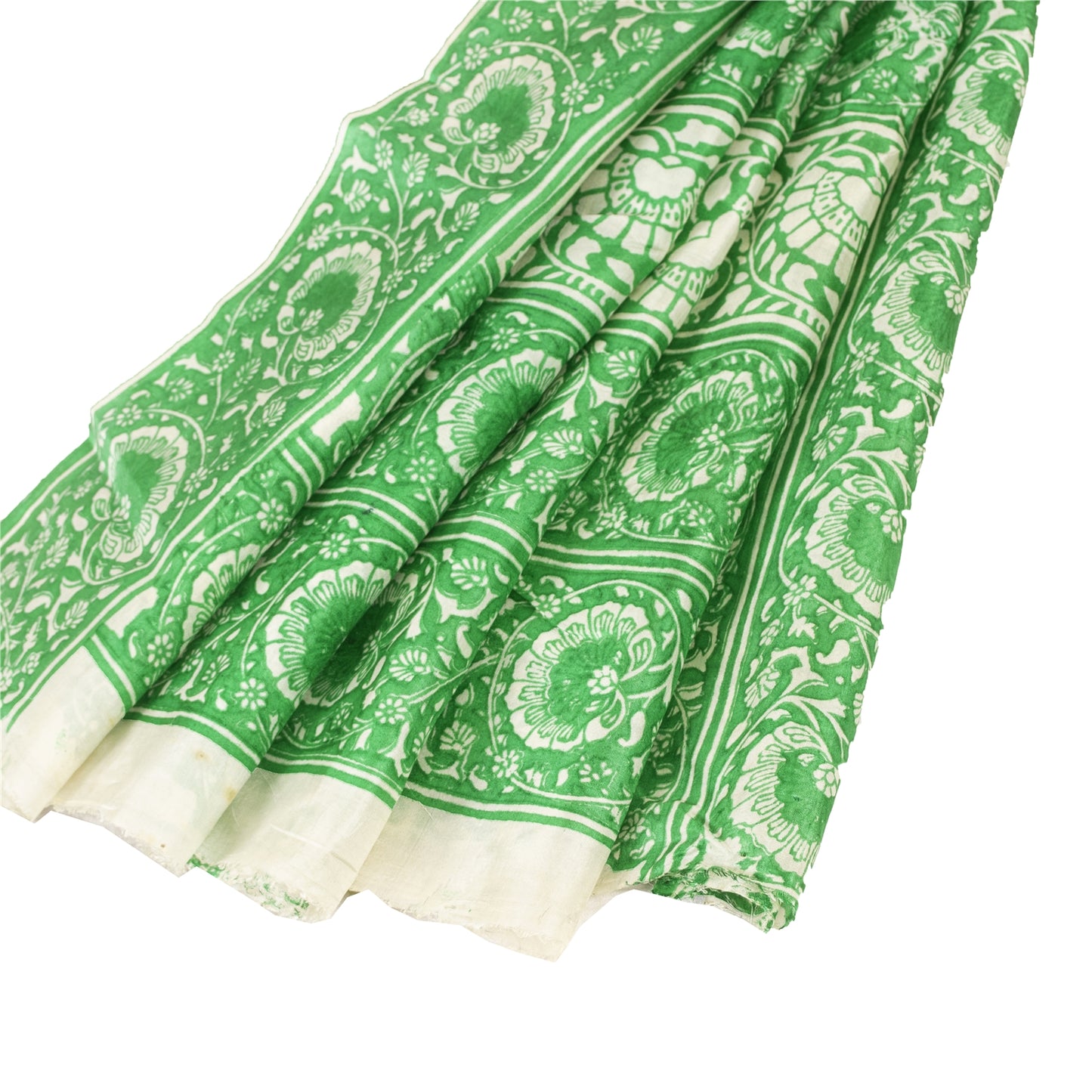 Sanskriti Vintage Sarees Green & White Kalamkari Pure Cotton Printed Sari Fabric