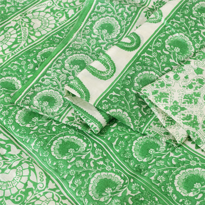 Sanskriti Vintage Sarees Green & White Kalamkari Pure Cotton Printed Sari Fabric
