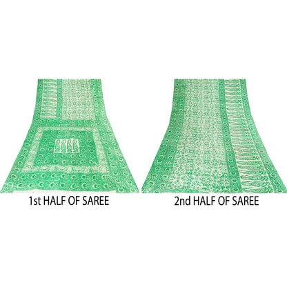 Sanskriti Vintage Sarees Green & White Kalamkari Pure Cotton Printed Sari Fabric