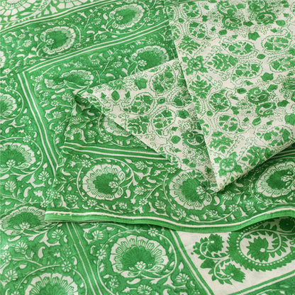 Sanskriti Vintage Sarees Green & White Kalamkari Pure Cotton Printed Sari Fabric
