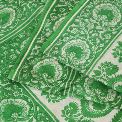 Sanskriti Vintage Sarees Green & White Kalamkari Pure Cotton Printed Sari Fabric