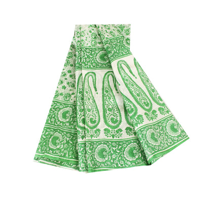 Sanskriti Vintage Sarees Green & White Kalamkari Pure Cotton Printed Sari Fabric