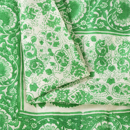 Sanskriti Vintage Sarees Green & White Kalamkari Pure Cotton Printed Sari Fabric