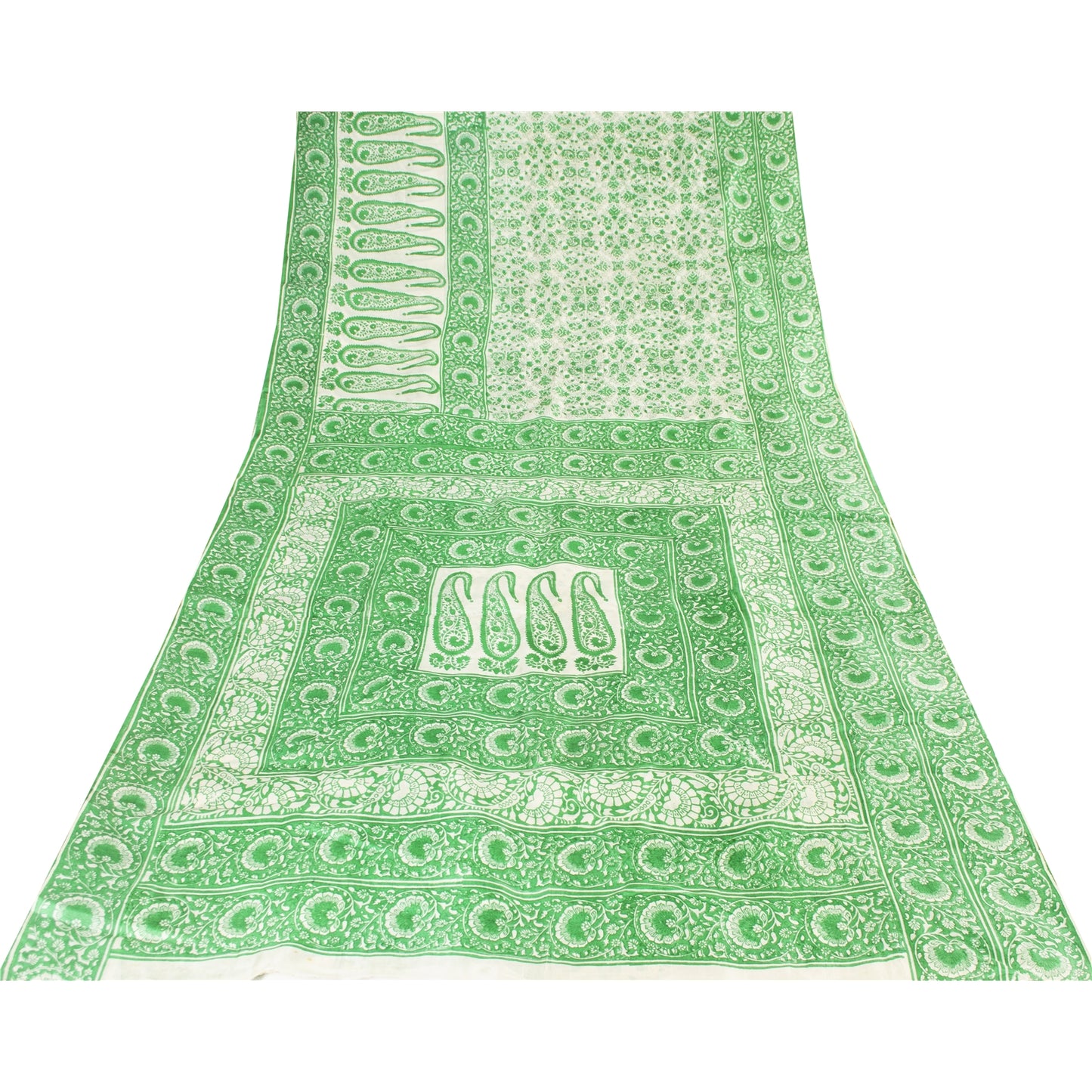 Sanskriti Vintage Sarees Green & White Kalamkari Pure Cotton Printed Sari Fabric