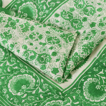 Sanskriti Vintage Sarees Green & White Kalamkari Pure Cotton Printed Sari Fabric