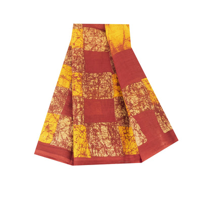 Sanskriti Vintage Sarees Yellow & Red Pure Cotton Batik Printed Sari 5+yd Fabric