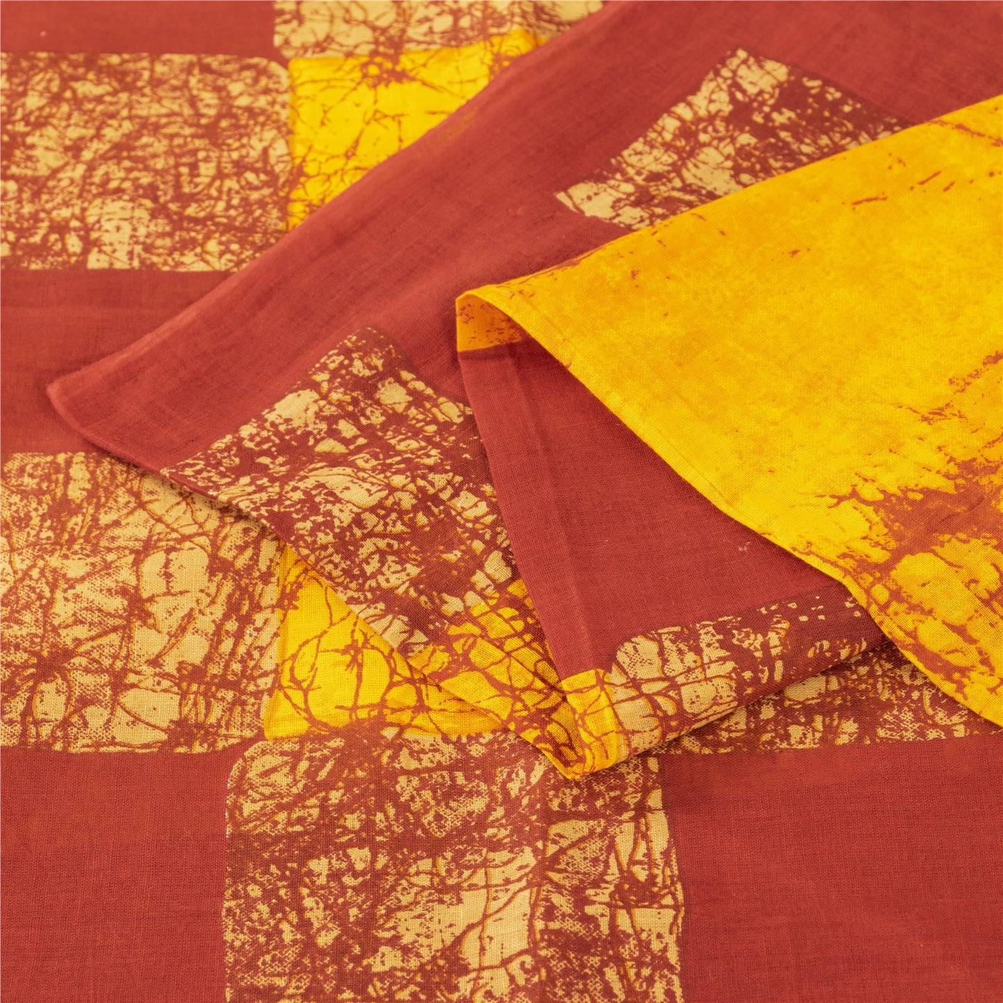 Sanskriti Vintage Sarees Yellow & Red Pure Cotton Batik Printed Sari 5+yd Fabric