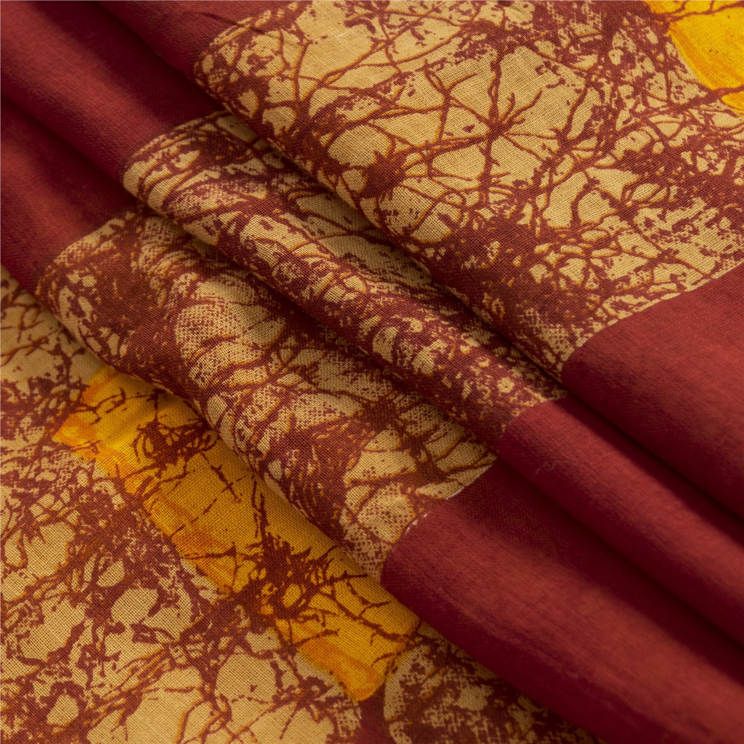 Sanskriti Vintage Sarees Yellow & Red Pure Cotton Batik Printed Sari 5+yd Fabric