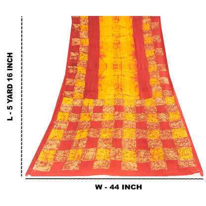 Sanskriti Vintage Sarees Yellow & Red Pure Cotton Batik Printed Sari 5+yd Fabric