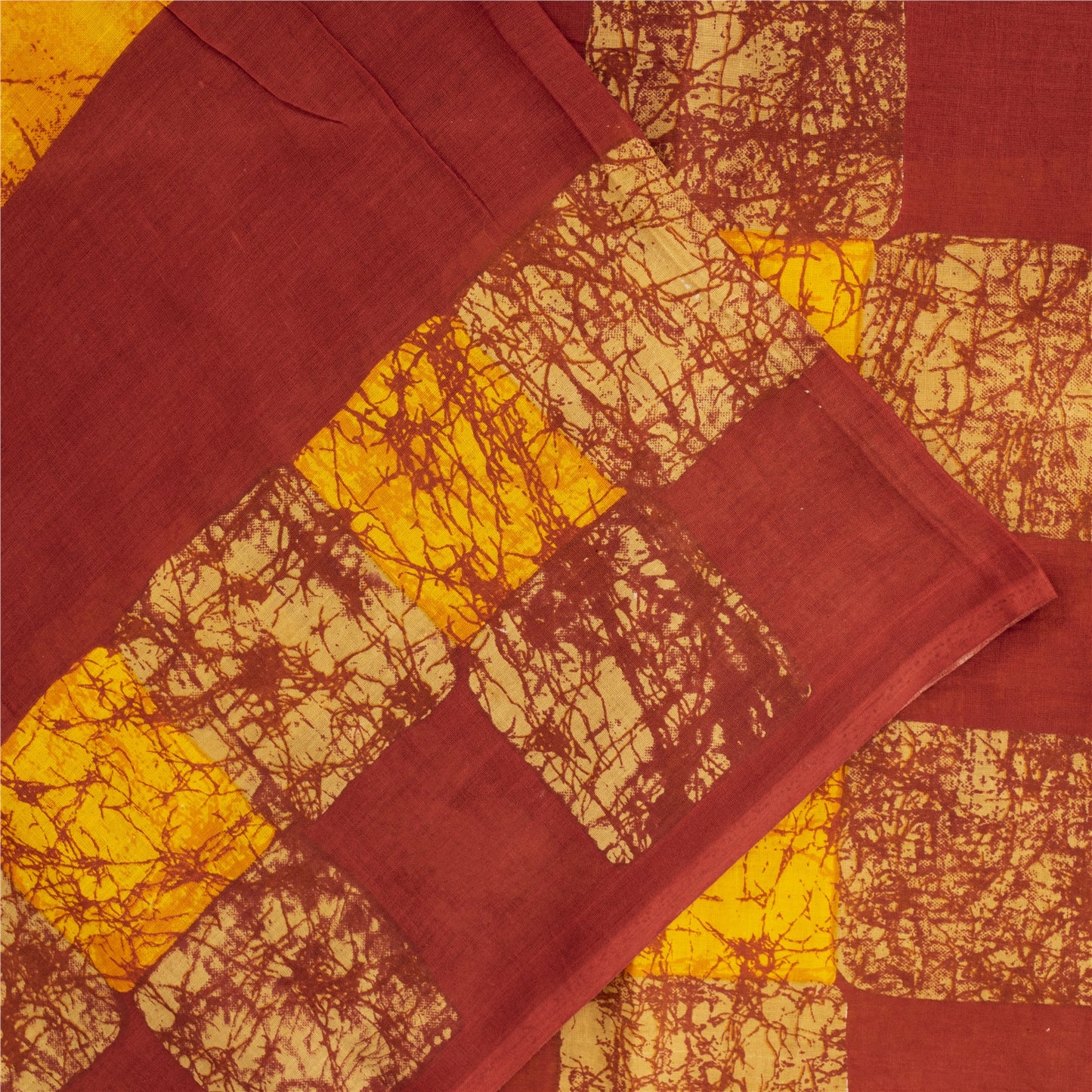 Sanskriti Vintage Sarees Yellow & Red Pure Cotton Batik Printed Sari 5+yd Fabric