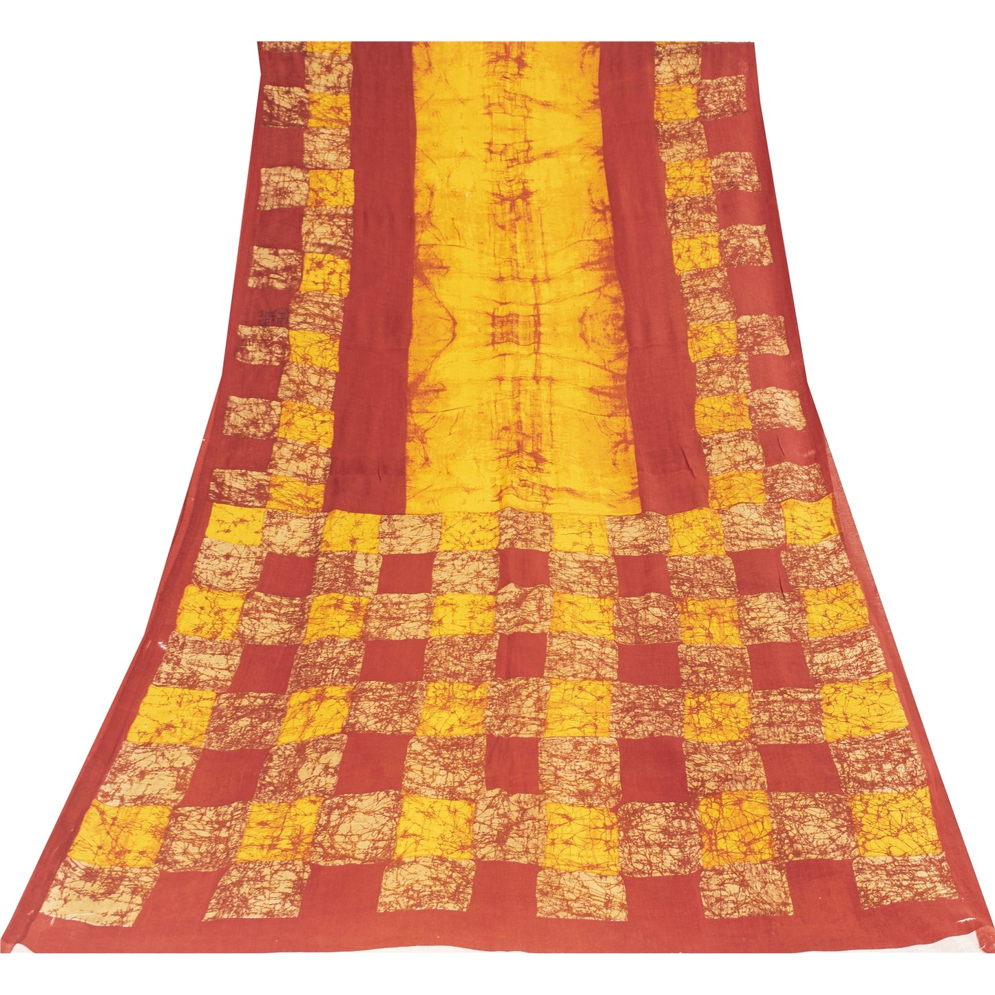 Sanskriti Vintage Sarees Yellow & Red Pure Cotton Batik Printed Sari 5+yd Fabric