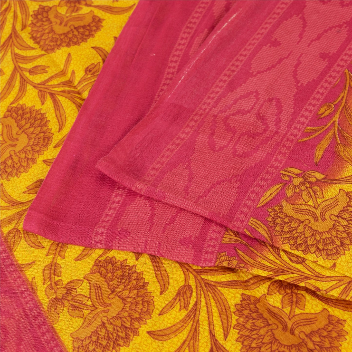 Sanskriti Vintage Sarees Yellow & Pink Pure Cotton Print Sari 5+yd Craft Fabric