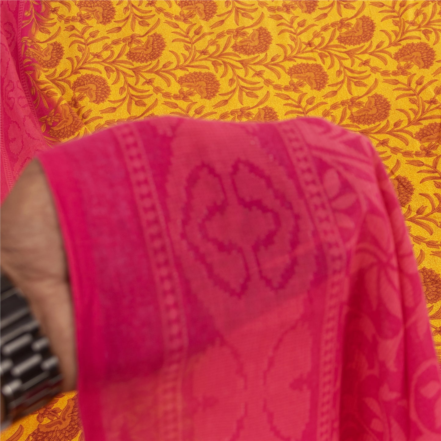 Sanskriti Vintage Sarees Yellow & Pink Pure Cotton Print Sari 5+yd Craft Fabric