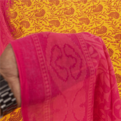Sanskriti Vintage Sarees Yellow & Pink Pure Cotton Print Sari 5+yd Craft Fabric