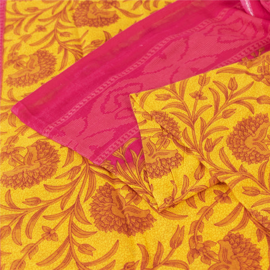 Sanskriti Vintage Sarees Yellow & Pink Pure Cotton Print Sari 5+yd Craft Fabric