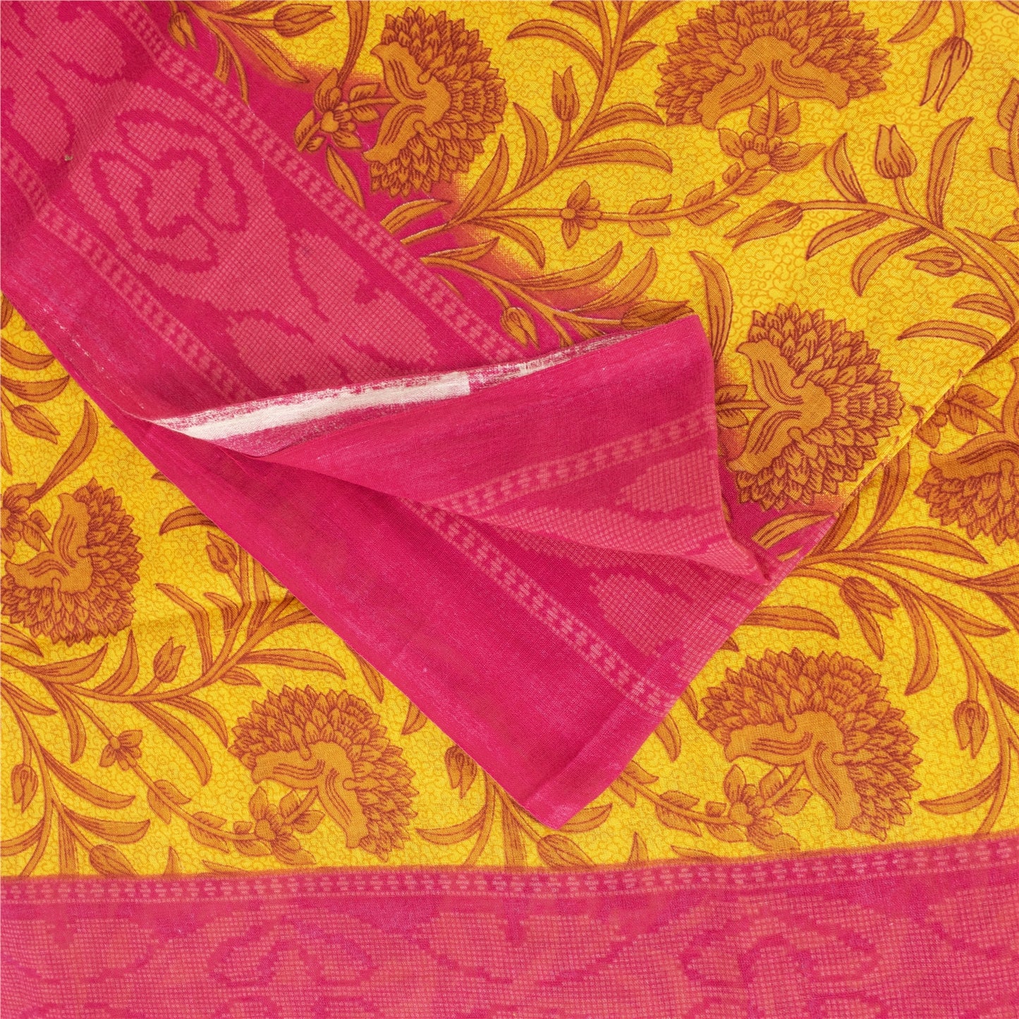 Sanskriti Vintage Sarees Yellow & Pink Pure Cotton Print Sari 5+yd Craft Fabric