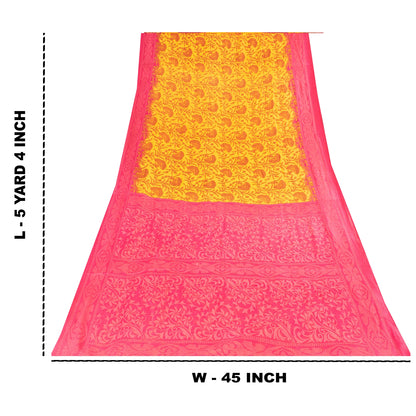 Sanskriti Vintage Sarees Yellow & Pink Pure Cotton Print Sari 5+yd Craft Fabric