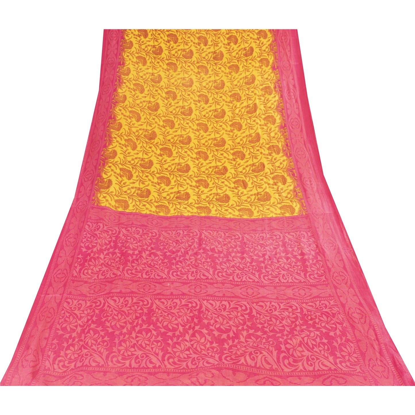 Sanskriti Vintage Sarees Yellow & Pink Pure Cotton Print Sari 5+yd Craft Fabric