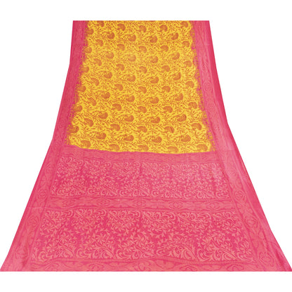 Sanskriti Vintage Sarees Yellow & Pink Pure Cotton Print Sari 5+yd Craft Fabric