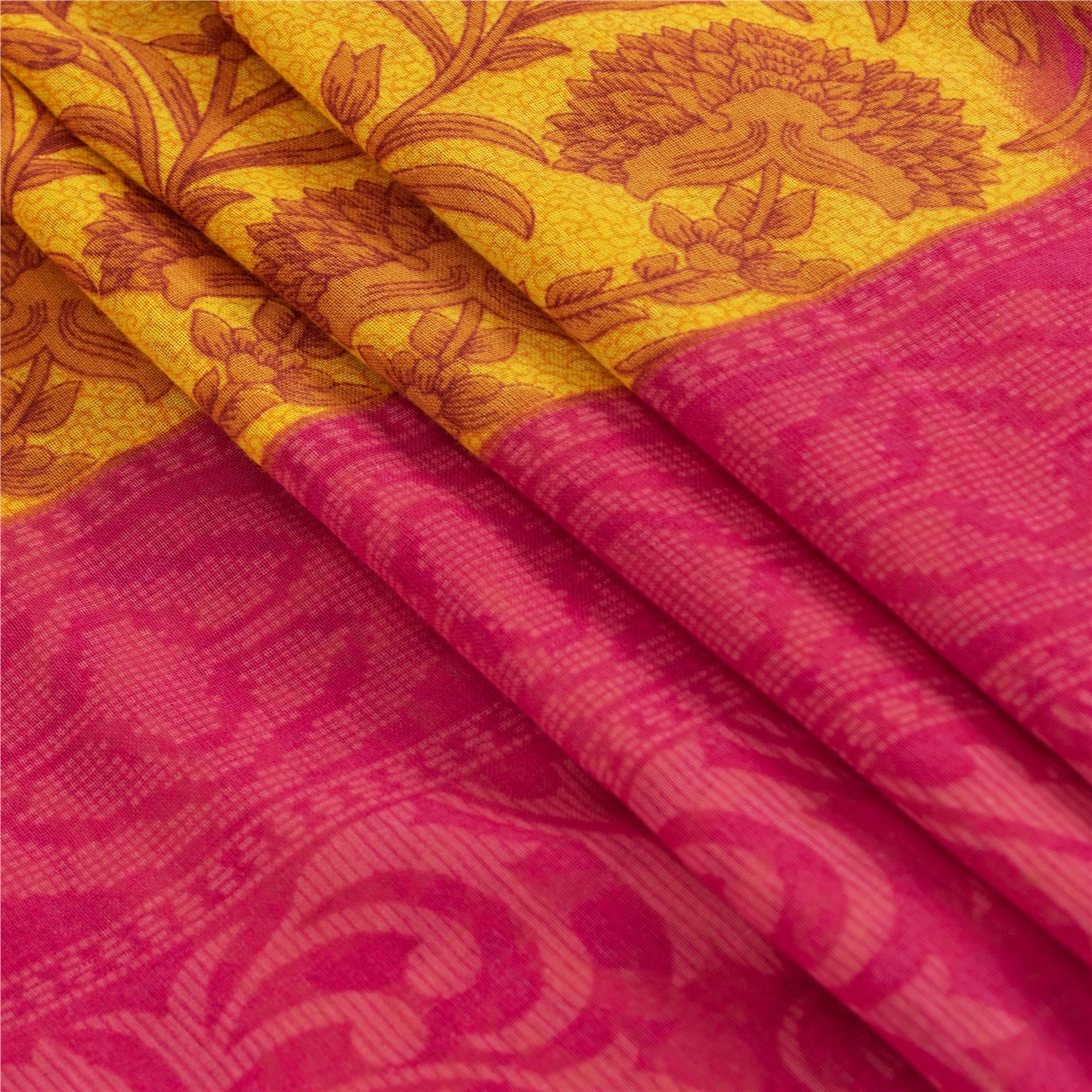 Sanskriti Vintage Sarees Yellow & Pink Pure Cotton Print Sari 5+yd Craft Fabric