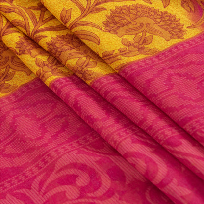 Sanskriti Vintage Sarees Yellow & Pink Pure Cotton Print Sari 5+yd Craft Fabric